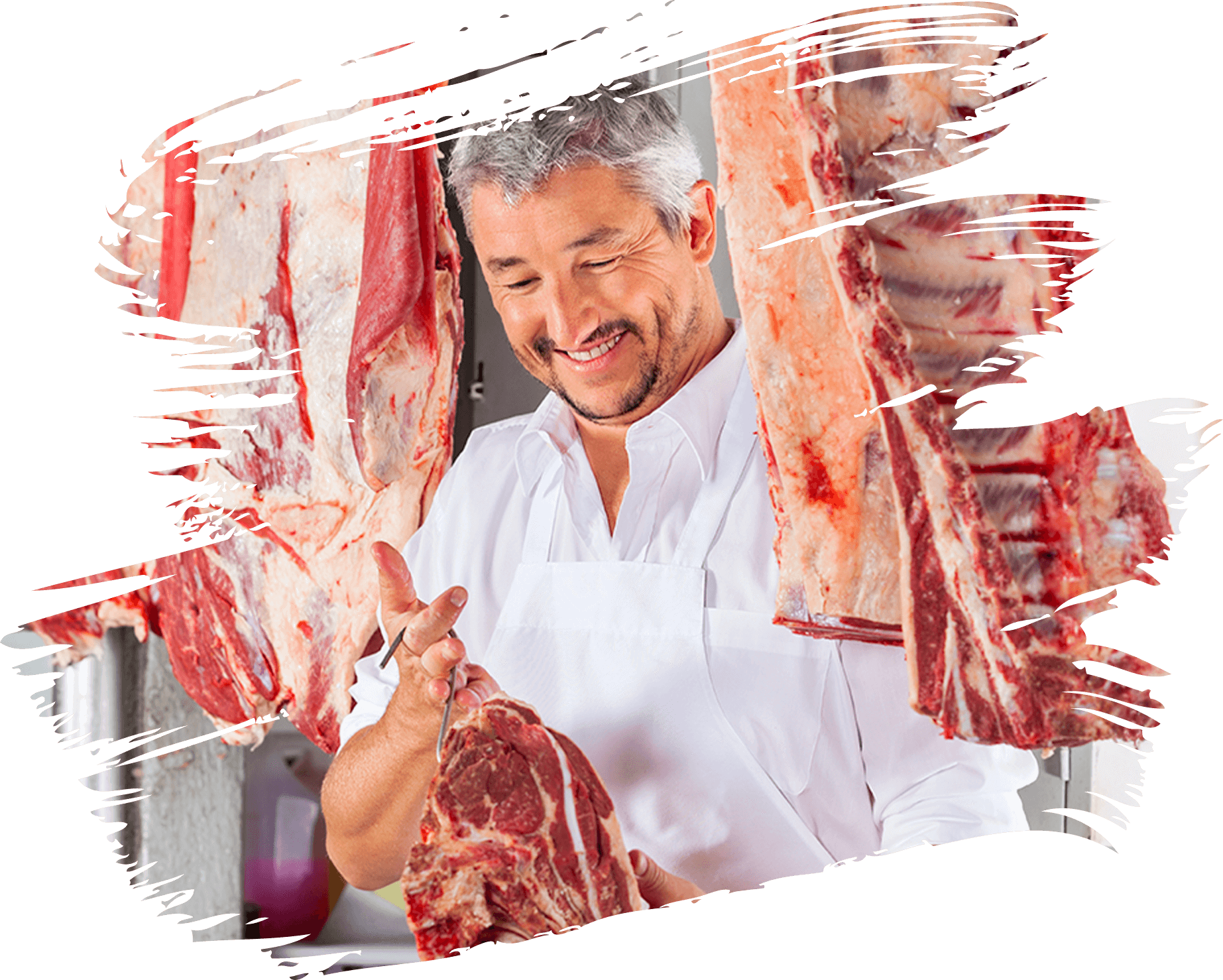 Butcher smiling while handling a cut of meat in a professional setting.