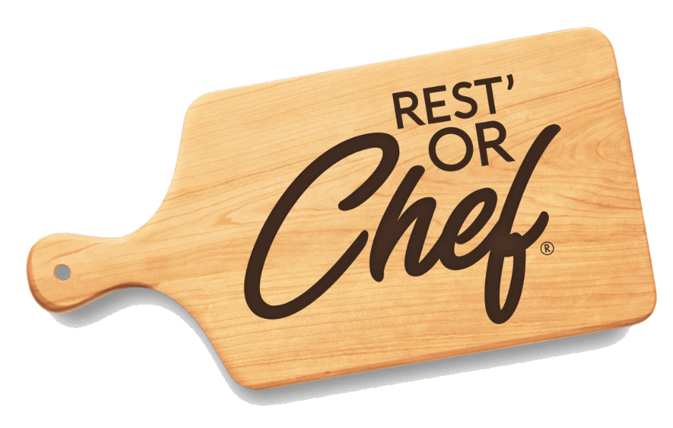Wooden cutting board with 'Rest' or Chef' logo