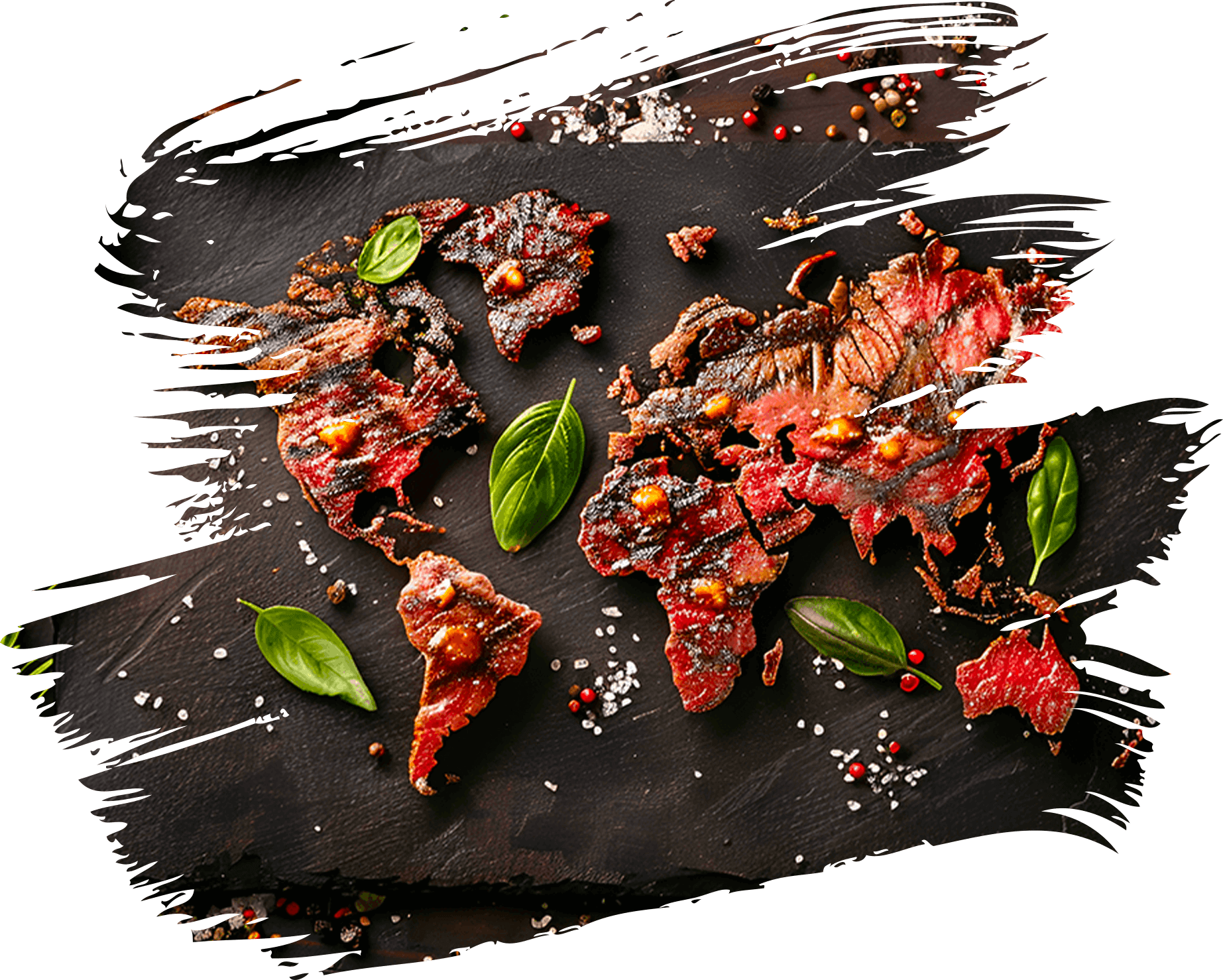 World map made of grilled meat with basil leaves on dark background.